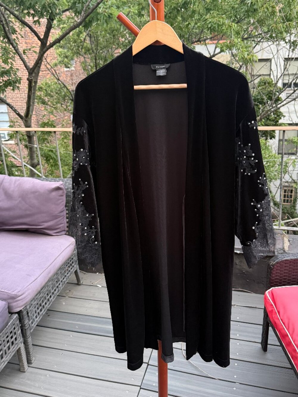 Stunning Rare Vintage Natori Black Velvet Duster | Delicate Lace, Gem Sleeves
